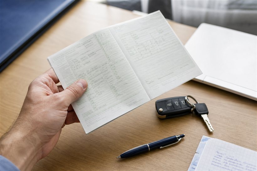 Mão segurando documento de veículo